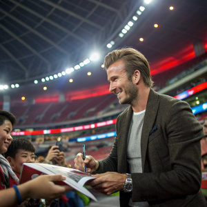 David Beckham, former soccer player, signing autographs. Indoor stadium, fans in the background