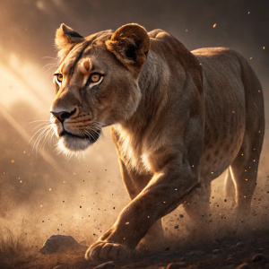 Illustration of a lioness from 'The Lion King' series. Dynamic pose, rich brown tones, warm glow. Dust-like background, intense facial expression, focused eyes.