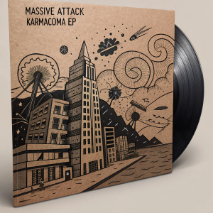 Album artwork for Massive Attack's 'Karmacoma EP'. The cover features a chaotic, abstract cityscape. Dark ink drawings on a brown cardboard base with bold lines and various shapes.
