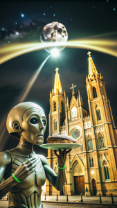 Alien comiendo browni en el exterior de la catedral de la ciudad de La Plata. Mientras una nave ovni ataca la ciudad en el cielo.