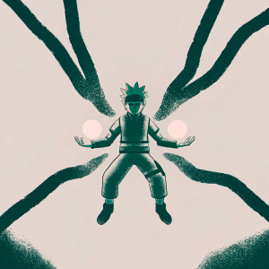 Naruto, floating mid-air, forming a chakra-filled hand sign, vibrant pink background, intense focus