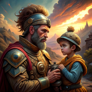 Ancient  soldier captures a young child .Realistic image.