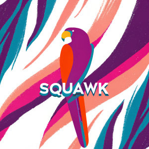 The 'Squawk' brand logo showcases a sleek parrot design with a modern font. Vibrant color scheme of blue, red, and warm orange.