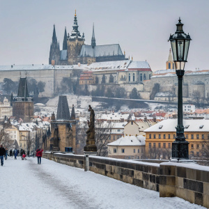 Winter scene in Prague, Czech Republic. Snowy Charles Bridge, with ancient gothic structures in background. Prague Castle towering above, covered in pristine white snow.