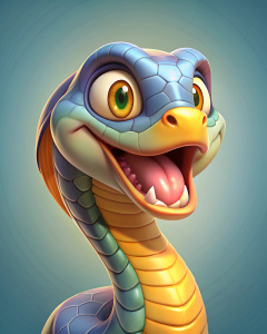 cute kind smiling cobra head digital art. cartoon style. 3/4 side view. 
