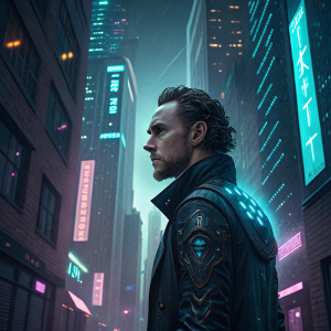 Digital art of Tom Hiddleston in cyberpunk environment. Cybernetic implants, neon lights, towering skyscrapers. Dark alleyways, holograms. Futuristic atmosphere.