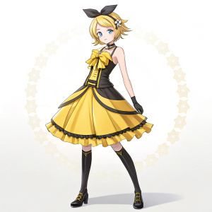 Kagamine Rin, the youthful anime-inspired enchantress, dressed in a striking yellow and black outfit. Simple, clean background.