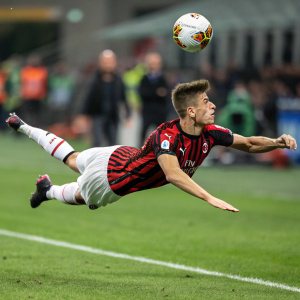 Krzysztof Piatek, soccer player, diving to headbutt the ball. Background: blurred green field and far-off stands.