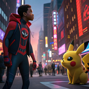 Ryan Reynolds as Miles Morales in a vivid, animated scene. Pikachu alongside, on a bustling city street with a colorful, comic book aesthetic.