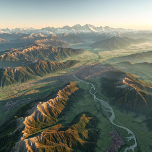3D digital map of Salzburg, Austria. Mountains, valleys, and ridges. Earthy tones, subtle greens. Aerial view. Highly detailed and precise.
