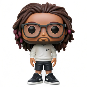 Funko pop with skin fade brown hair and greñas negra. Wearing Black framed glasses and a Aston Villa Football Shirt and Black Jeans and white Nike air force ones