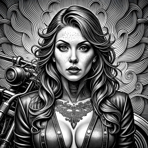 motorcycle bikergirl tattoo design - perfect realistic art - high-definition - grey and black - white background 