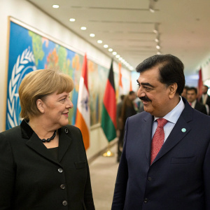 Angela Merkel and Yousuf Raza Gilani sharing a moment in the bustling halls of the UN headquarters in New York.
