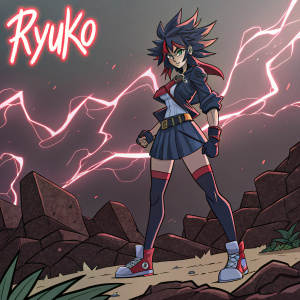 Ryuko, with her signature spiky hair, stands fierce and resolute. Set against a stark, neon-lit backdrop featuring jagged text and rocky textures.