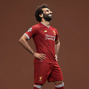 3D render of Mohamed Salah. Soccer player smiling confidently in red Liverpool jersey. Solid brown background.