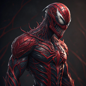 Digital art piece featuring Carnage, the Venom symbiote. Highly detailed with red and black body, intricate web-like structures. Dark background highlights muscular form and webbing patterns.