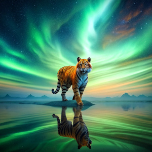 tiger, northern Lights, sea