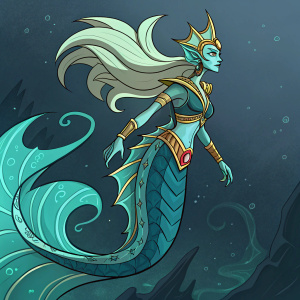 Naga Siren from Dota 2, a mythical cartoon character. Vibrant colors, teal and complementary hues. Dark, mystical background
