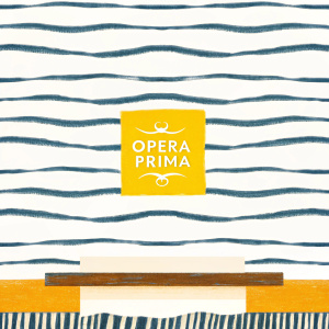 Mock-up for OPERA PRIMA cafe or restaurant. Modern design with opera details, black and white striped pattern, logo centered or slightly off-center, minimalist and elegant style.