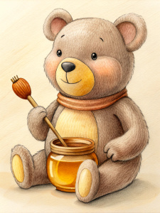 oso con tarro de miel en forma de panal de abeja, con miel en la boca, comiendo miel de cuchara para miel, estilo winnie pooh