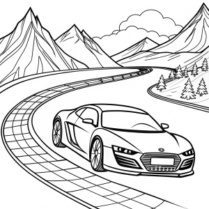 coloring page, hand draw, bold and easy, 
Audi R8 on a Mountain Road: The Audi R8 speeding along a winding mountain road with sharp curves, breathtaking cliffs, and a panoramic view of snow-capped peaks

 White background, black line art