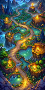 game map with a route, in the style of Robin Hood