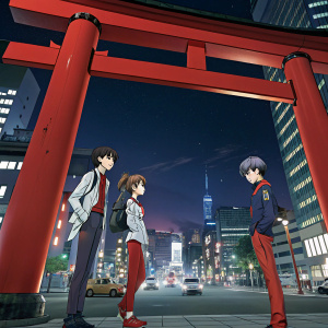 Anime artwork collage featuring Evangelion characters and a red structure. Background shows a cityscape at night.