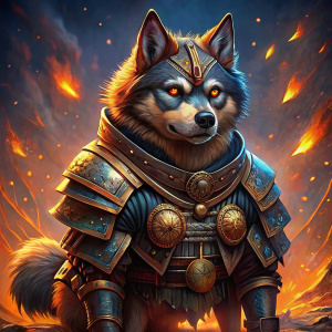 Husky de fuego a 4 patas marrón enfadado con armadura samurái cuerpo completo 