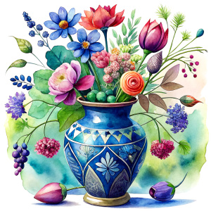a WATERCOLOR IMAGE , Antique Bohemian Enamel space  Blue  Vase classic, shape and a painted lotus vine pattern. Ceramic vase , THERE ARE IN THE VASE : watercolor SAND BROWN WILD FLOWERS ,GREEN WEEDS ,burgundy PEONIE,range  Bougainvillea, PURPLE dandelion ,yellow  geranium,TOFFEE Narcissus, ochre crocusES ,dusky pink daffodil ,WHITE roses ,amaranth Damarion s, red tulips , orfreesia ,sienna orange lavender Common Crape Myrtle ,Watsonia ,tritoma.carmine Chandramallika, burgundy VIOLETS ,SEPHIA SIS