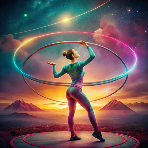 person hula hooping with question mark above their head. Change what she is holding to a question mark