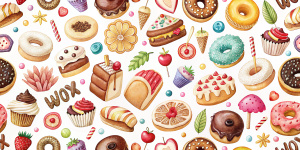 confectionery 2d pattern, graphics, line drawing, donuts, cakes, candies, sweet nuts, croissants and other confectionery products., white background, 8K, hires, top view, text "cake", word "Honey", word "Wow!"
