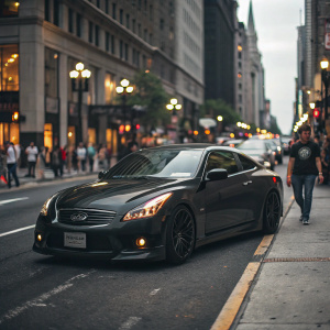 A sleek Infiniti G37 Coupe Sport in matte black, parked in a bustling urban street scene.