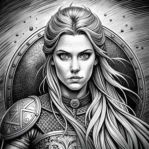 shieldmaiden perfect realistic art, high-definition, high-definition grey and black, white background 