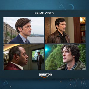 Screen capture of Amazon Prime Video's homepage featuring various show thumbnails in a grid layout. Actors shown in different styles and colors, ranging from close-ups to full-body shots. Amazon logo prominently displayed at the bottom.