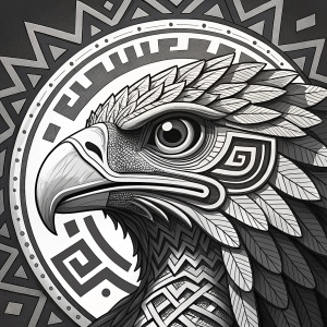 Black and white digital art piece. Depicting Quetzalcóatl, the Aztec deity. Detailed facial features, large eyes, abstract patterns surrounding the deity, bold lines, and geometric shapes.