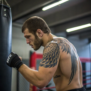 Nikita Krylov, with his signature wing tattoo, training in a gym. No other fighters visible, just focus on his intense preparation