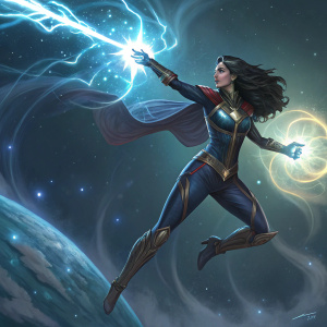Dark-haired heroine in mid-action, unleashing cosmic energy. Her metallic costume gleams. Intense look, posing dramatically against a backdrop of swirling stars and glowing energy waves.