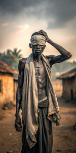 portrait, a man, super skinny, black,rag on eyes, village, gradient clothes, jojo epic pose, noise atmosphere
