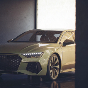 High-tech rendering of Audi RS7 Sportback. The car is vibrant green with subtle gloss finish. Clean white backdrop emphasizes its sleek curves, grille design, and distinctive wheels.