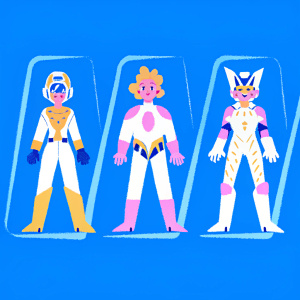 Character designs for My Hero Academia in a sleek, modern layout showcasing different outfits. Digital artwork