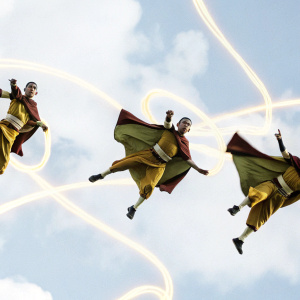 Aang, avatar from 'The Last Airbender', multiple dynamic poses, floating in a neon-lit sky.