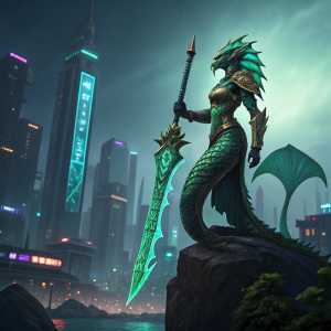 Digital artwork featuring the Naga Siren from Dota 2. Mermaid-like character with green scales and fantastical design. Standing on a dark, rugged rock with a large sword adorned with green patterns. Cyberpunk cityscape background.