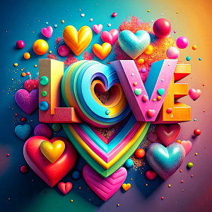 Draw something about love and affection 3d and add the word LOVE in one anda flying colorful hearts