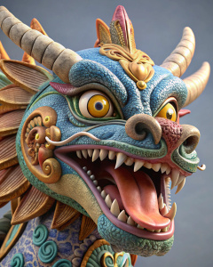  dragón japones alado, estilo alebrije con su boca abierta y sacando la lengua,  viendo hacia arriba