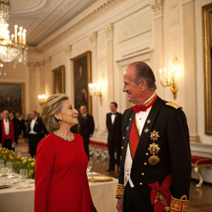 Hillary Clinton and King Juan Carlos at the White House state dinner. Clinton in a vibrant red dress, King in a traditional Spanish suit. Richly adorned walls of the White House. Formal event
