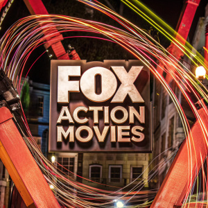 High-energy movie promotion graphic for Fox Action Movies. Vibrant colors explode against a dark backdrop. Dynamic motion effects swirl around the bold, metallic text 'FOX ACTION MOVIES', creating a focal point of excitement.