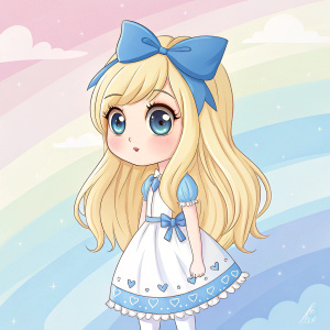 Digital illustration of a cute cartoon girl with fair skin, long blonde hair, and big anime eyes. She is wearing a blue bow and a white dress with blue lace. The background is a soft gradient of pastel colors.