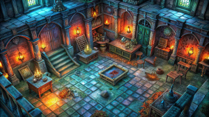 horror scary empty room in isometric view