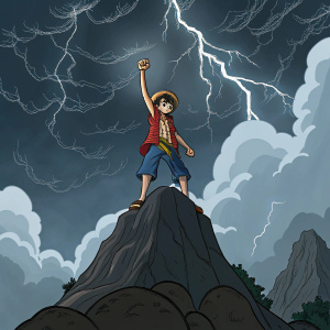 Luffy from One Piece standing atop a towering mountain, hand raised to the sky, surrounded by storm clouds and lightning.