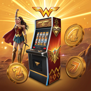 Promotional ad for Wonder Woman themed slot machine. Arcade-style game with bright, gold-toned graphics.